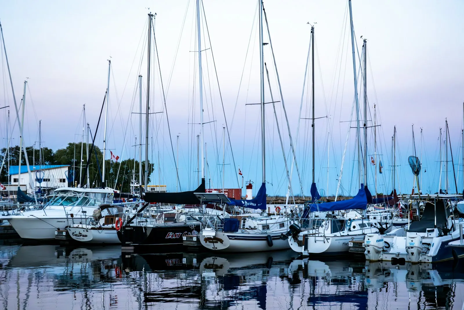 Boats resting in a calm harbor at dusk